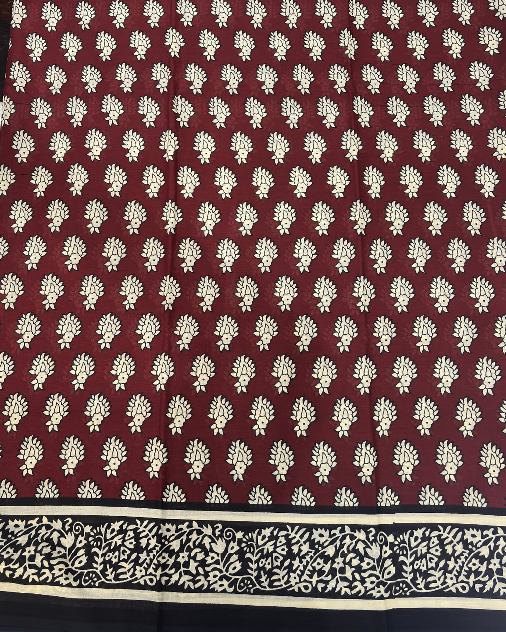 Wine Red & Black Pure Linen Cotton Saree with Beige Hand Block Print