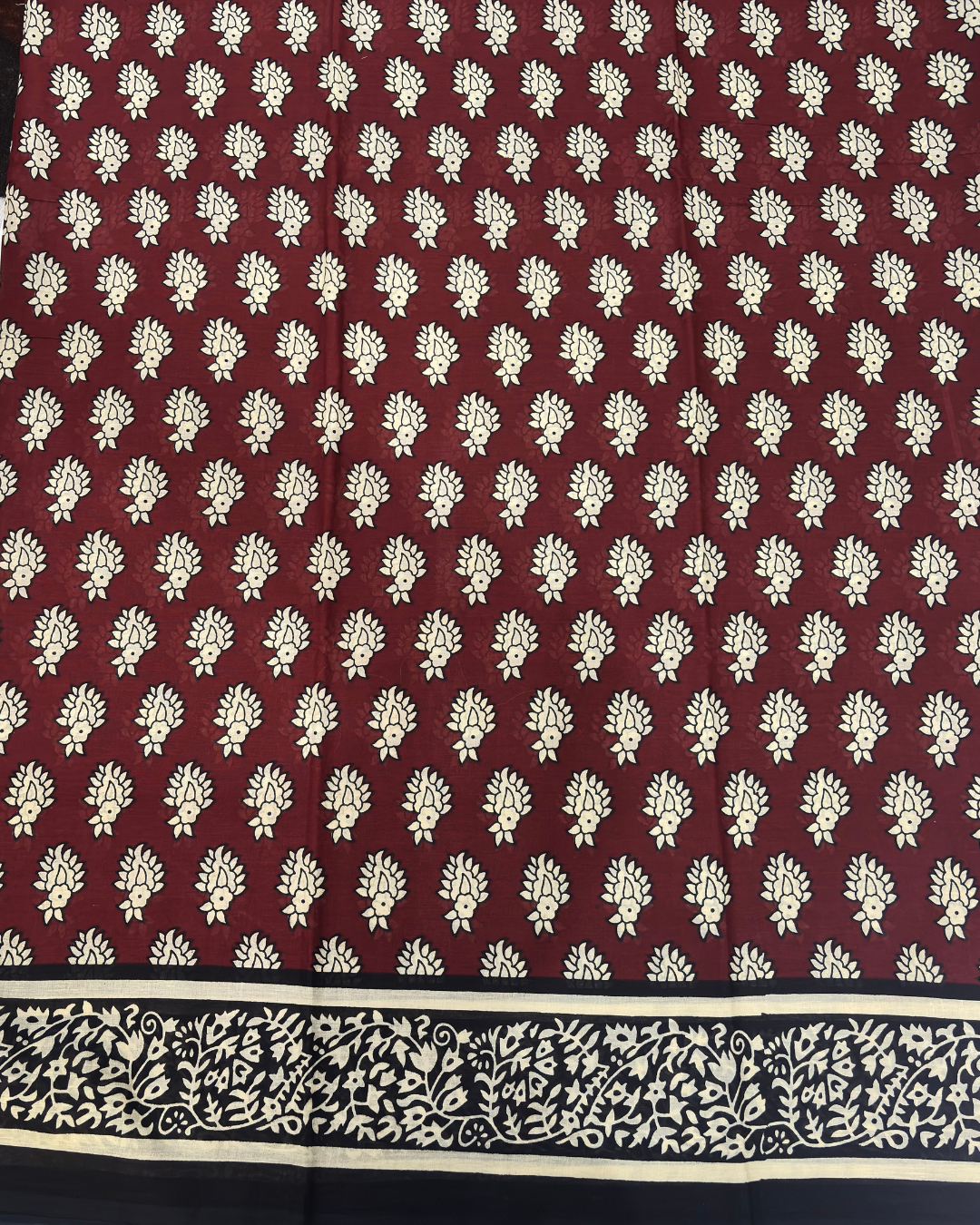 Wine Red & Black Pure Linen Cotton Saree with Beige Hand Block Print