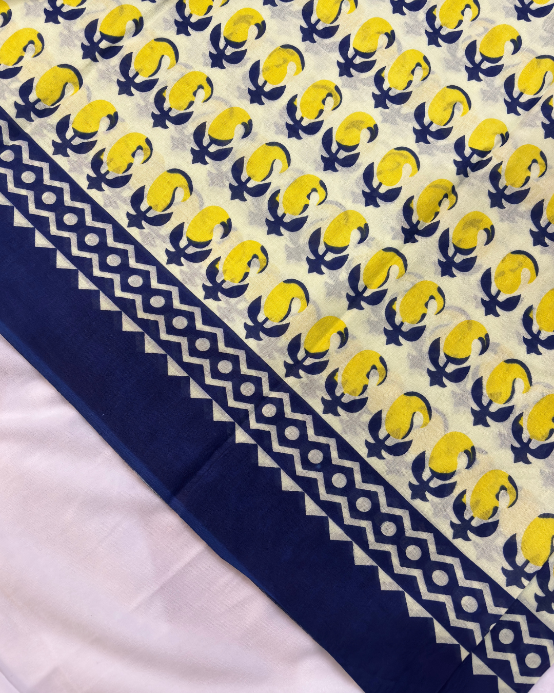 Ivory White & Mustard Yellow Pure Linen Cotton Saree with Navy Blue Border