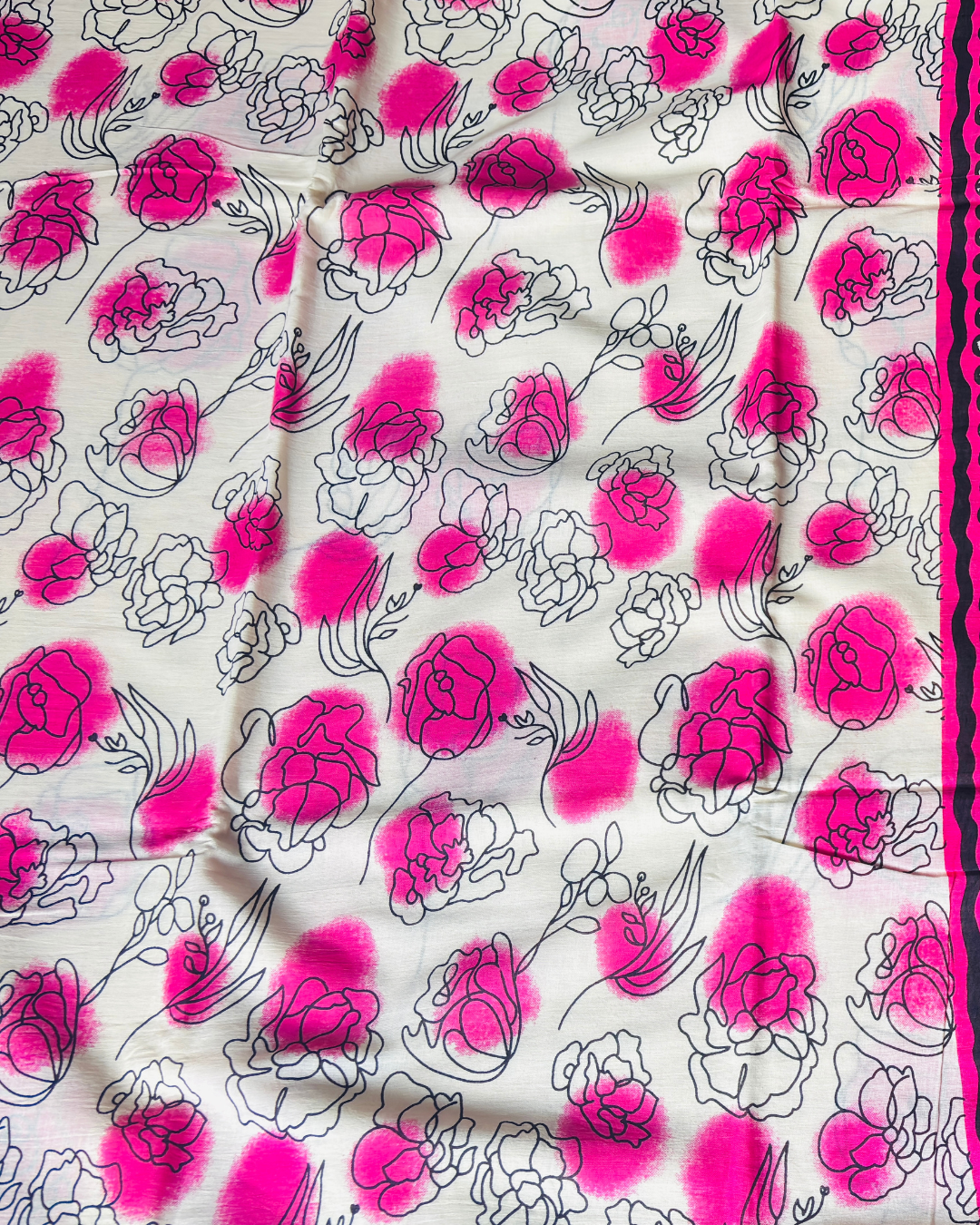 Ivory Beige Pure Linen Cotton Saree with Rani Pink Floral Handprint & Contrast Pallu