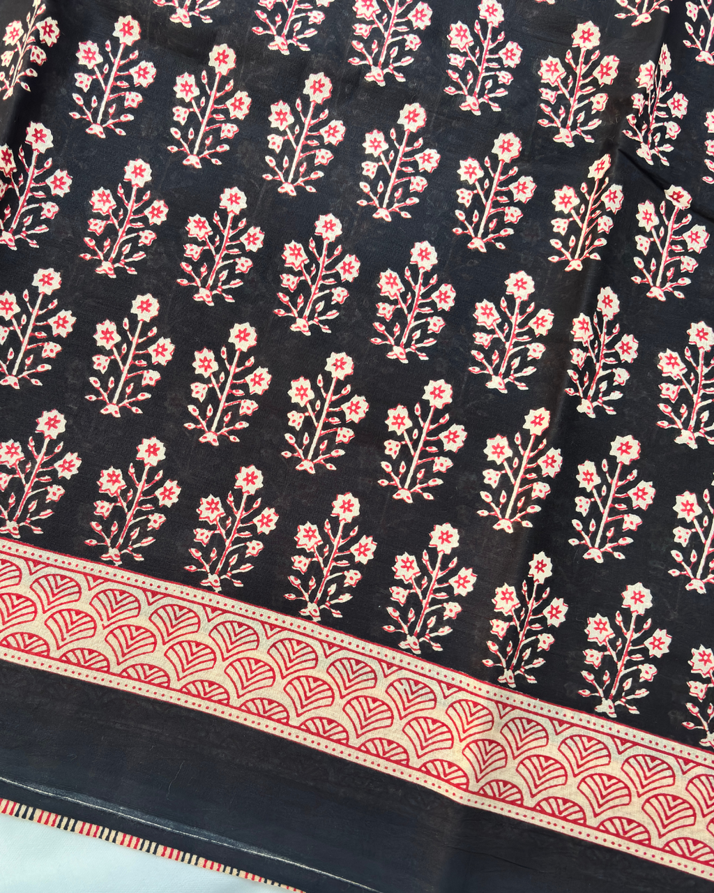 Classic Black Linen Cotton Saree with Red & Beige Hand Block Print