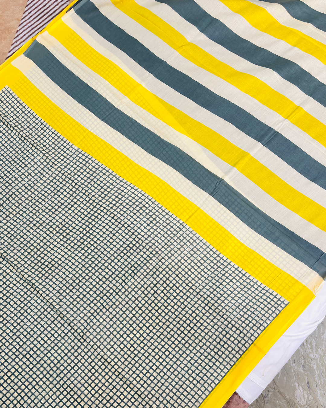 Ivory & Teal Linen Cotton Saree with Mustard Yellow Border