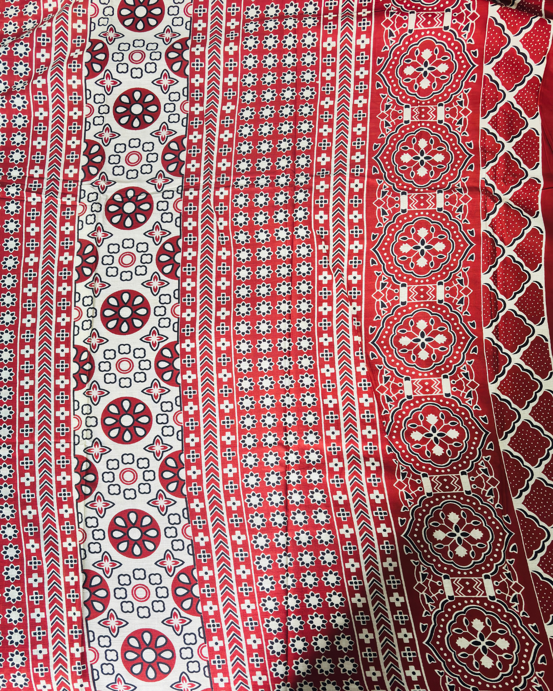 Black Pure Linen Cotton Saree with Red & Ivory Handprinted Stripes