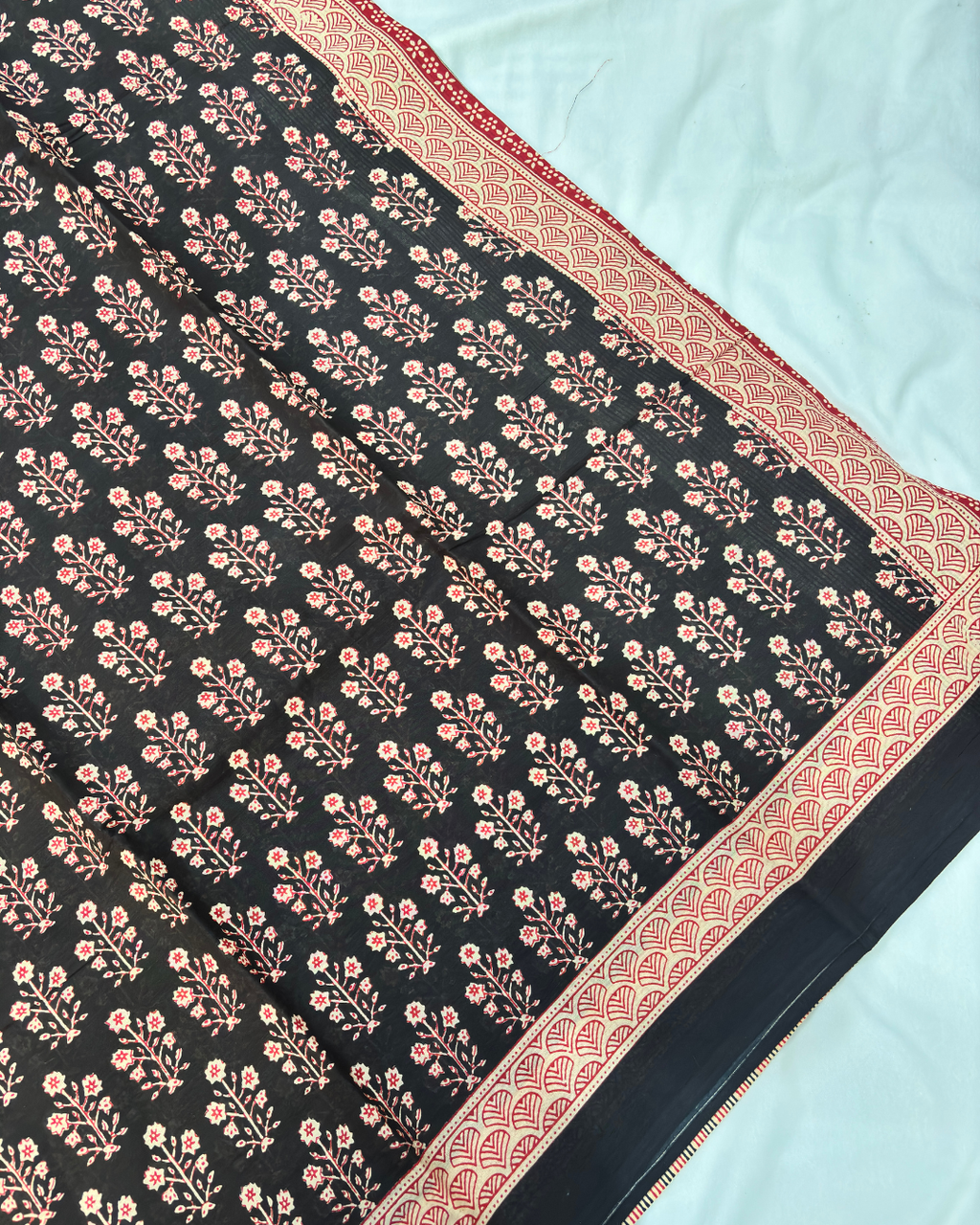 Classic Black Linen Cotton Saree with Red & Beige Hand Block Print
