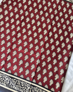 Wine Red & Black Pure Linen Cotton Saree with Beige Hand Block Print