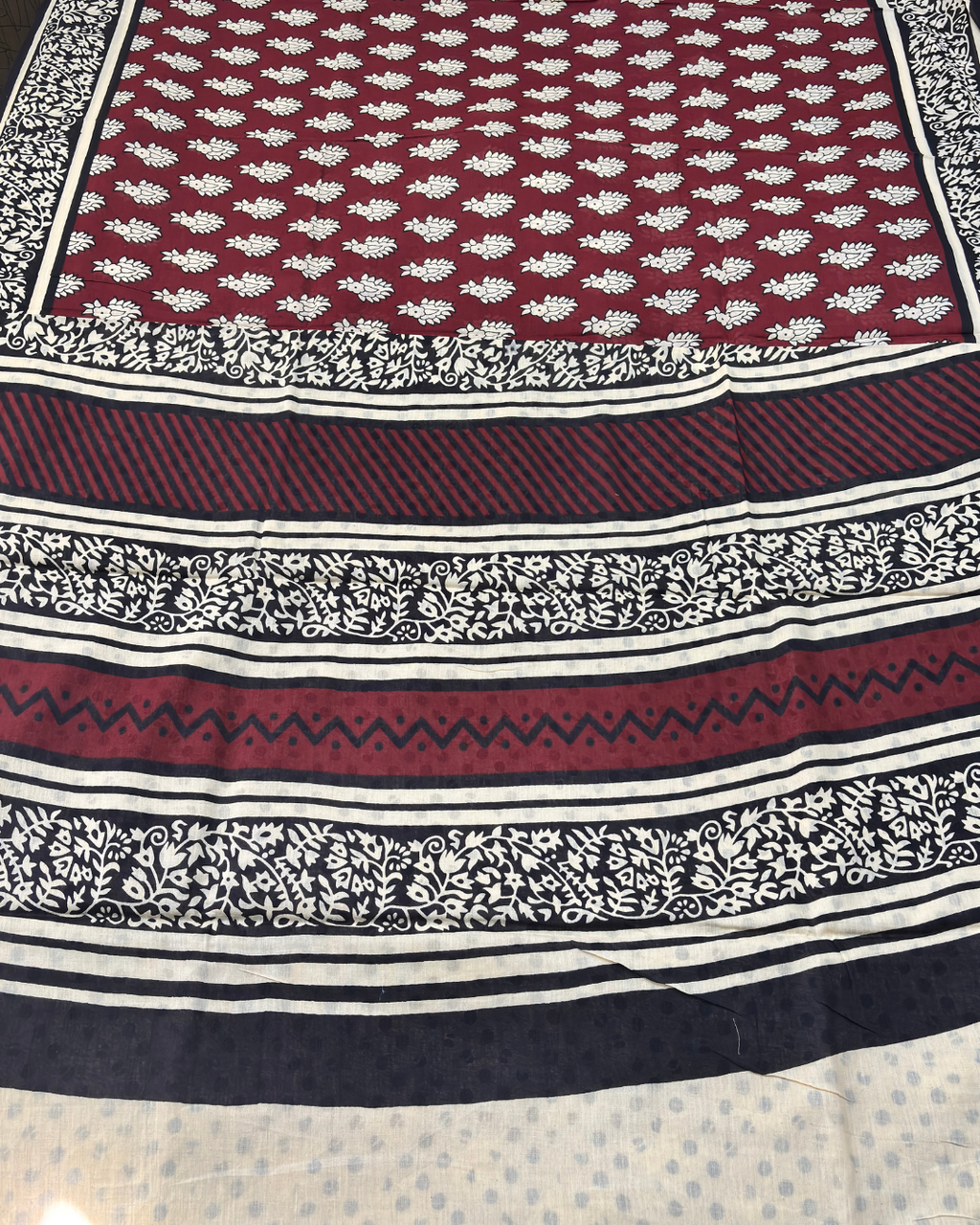 Wine Red & Black Pure Linen Cotton Saree with Beige Hand Block Print