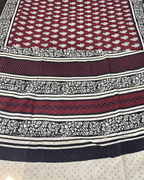 Wine Red & Black Pure Linen Cotton Saree with Beige Hand Block Print