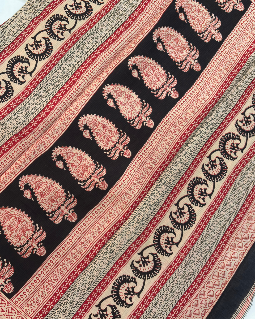 Classic Black Linen Cotton Saree with Red & Beige Hand Block Print