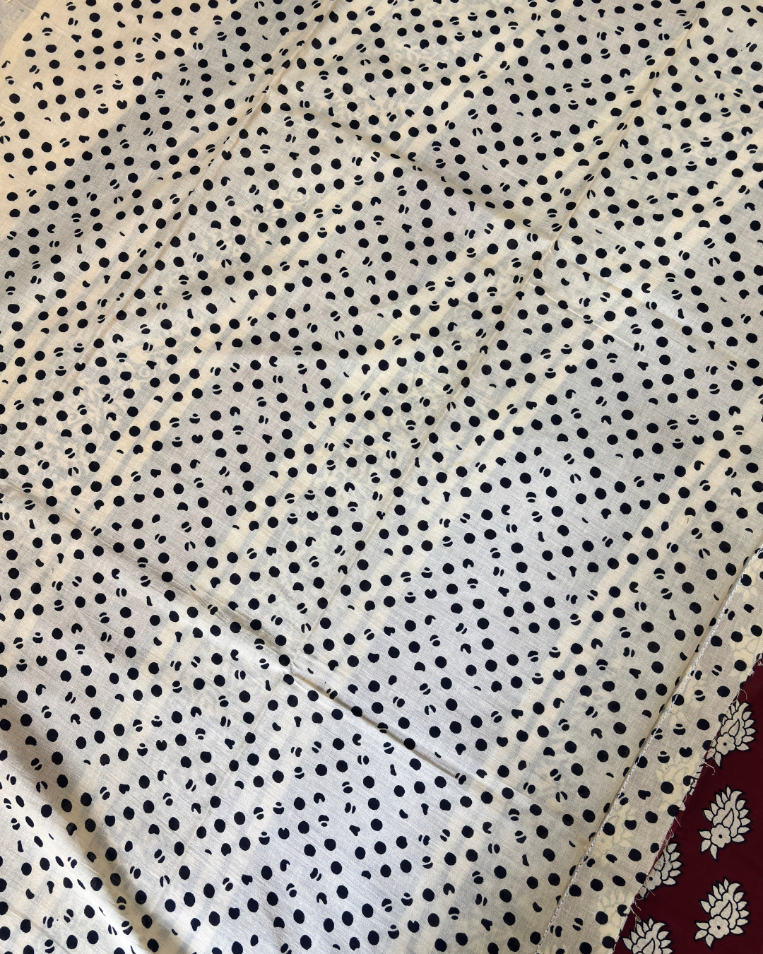 Wine Red & Black Pure Linen Cotton Saree with Beige Hand Block Print