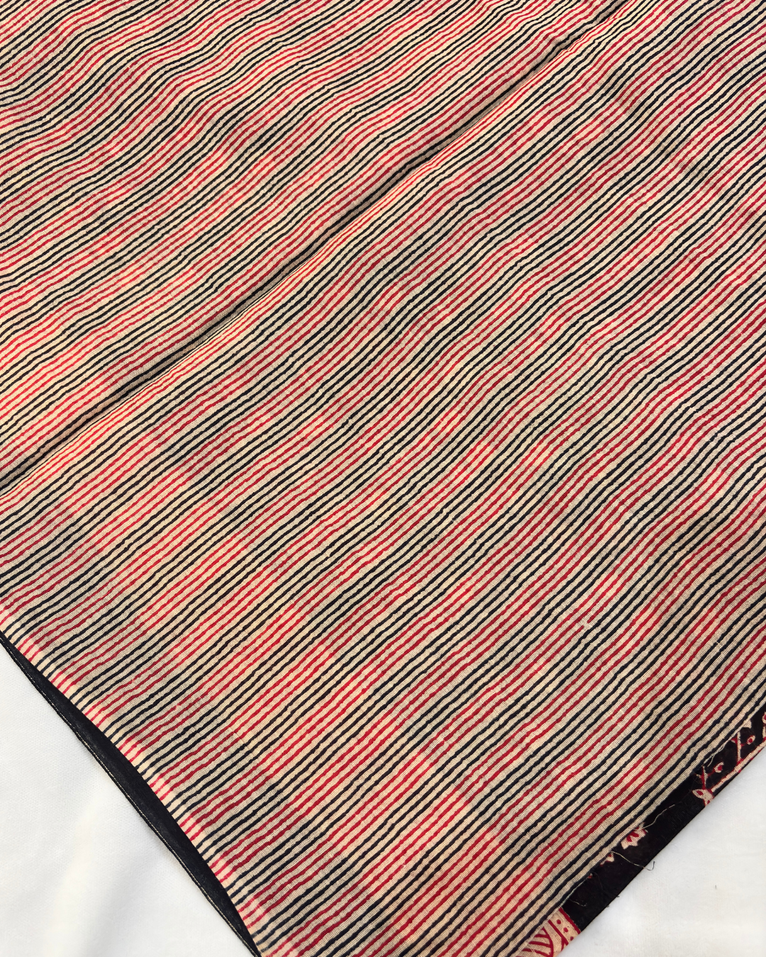 Classic Black Linen Cotton Saree with Red & Beige Hand Block Print