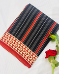 Black Pure Linen Cotton Saree with Red & Ivory Handprinted Stripes