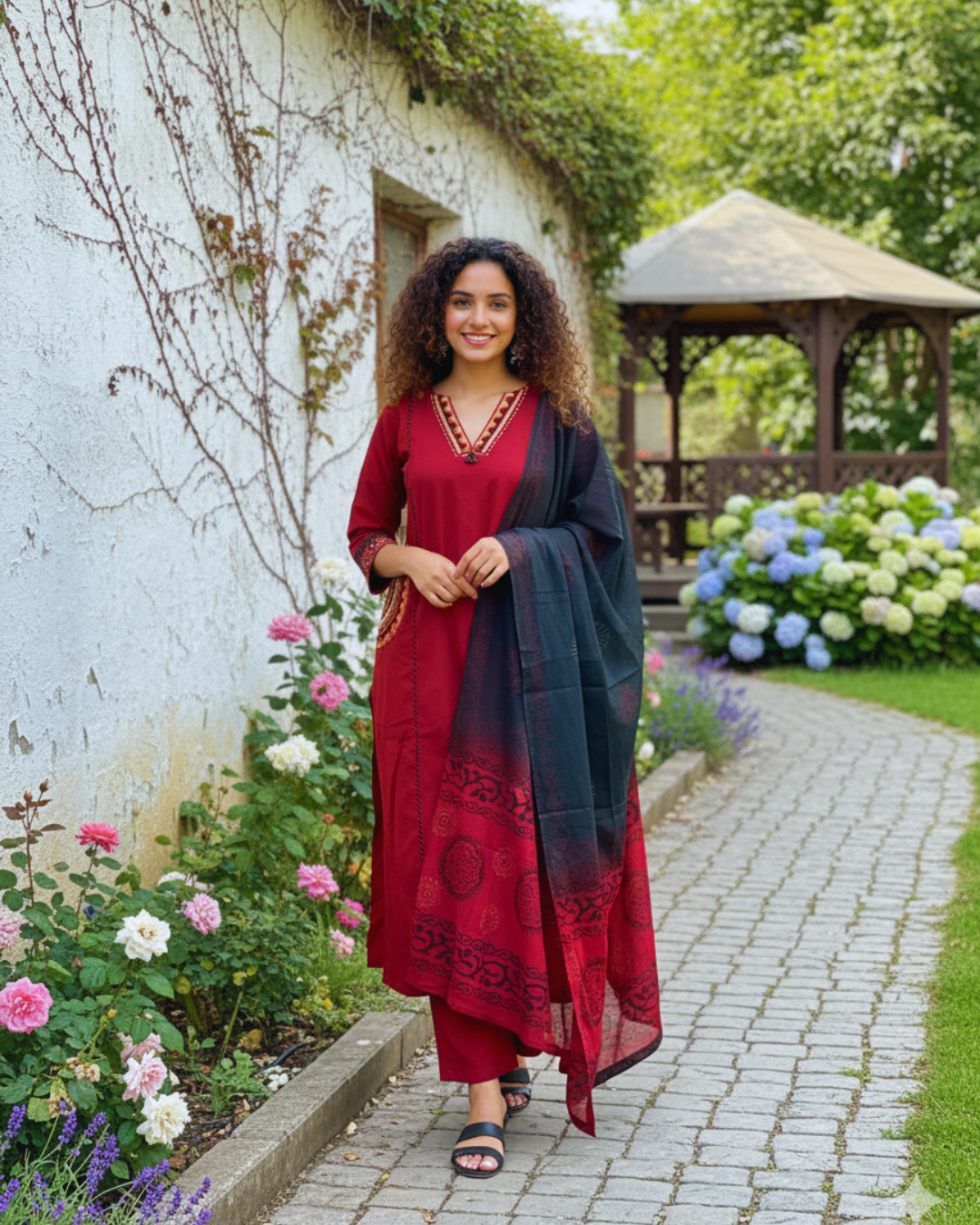 Maroon Kurta Pant Set With Dupatta