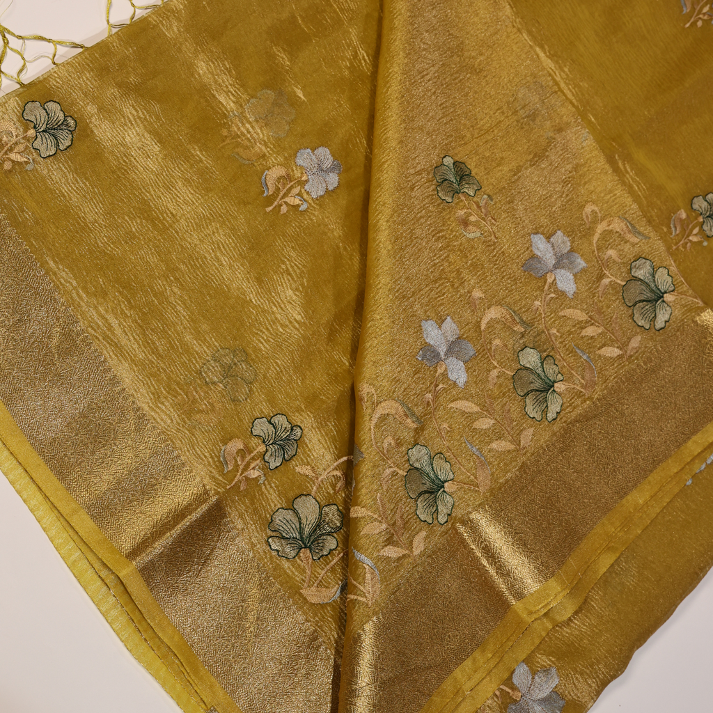 Premium Tissue Banarasi Silk Saree (Yellow Gold)