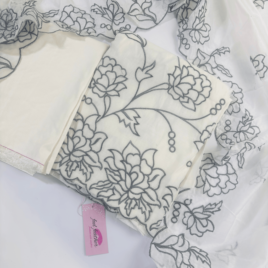 Off White Embroidered Maheshwari Silk Suit Set