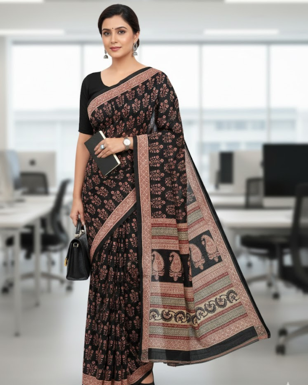 Classic Black Linen Cotton Saree with Red & Beige Hand Block Print