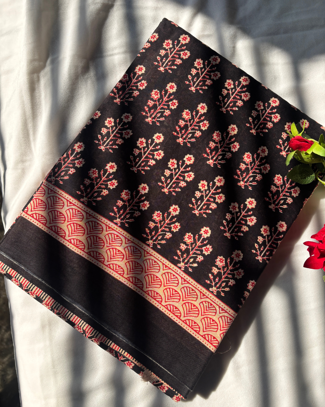Classic Black Linen Cotton Saree with Red & Beige Hand Block Print