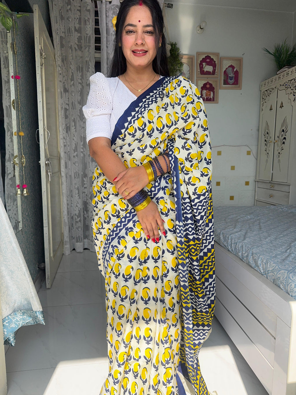 Ivory White & Mustard Yellow Pure Linen Cotton Saree with Navy Blue Border