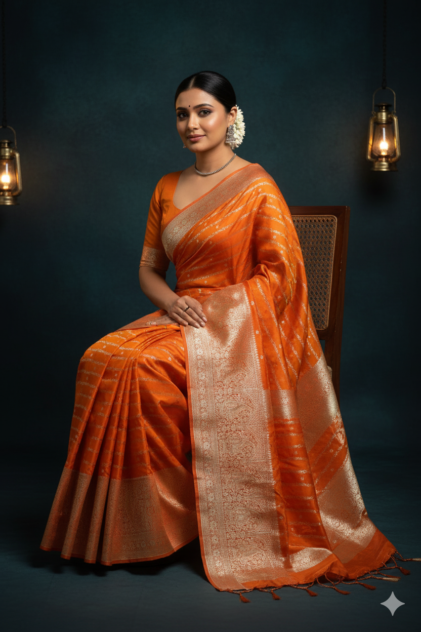 Pure Banarasi Mashru Silk Saree (Orange)