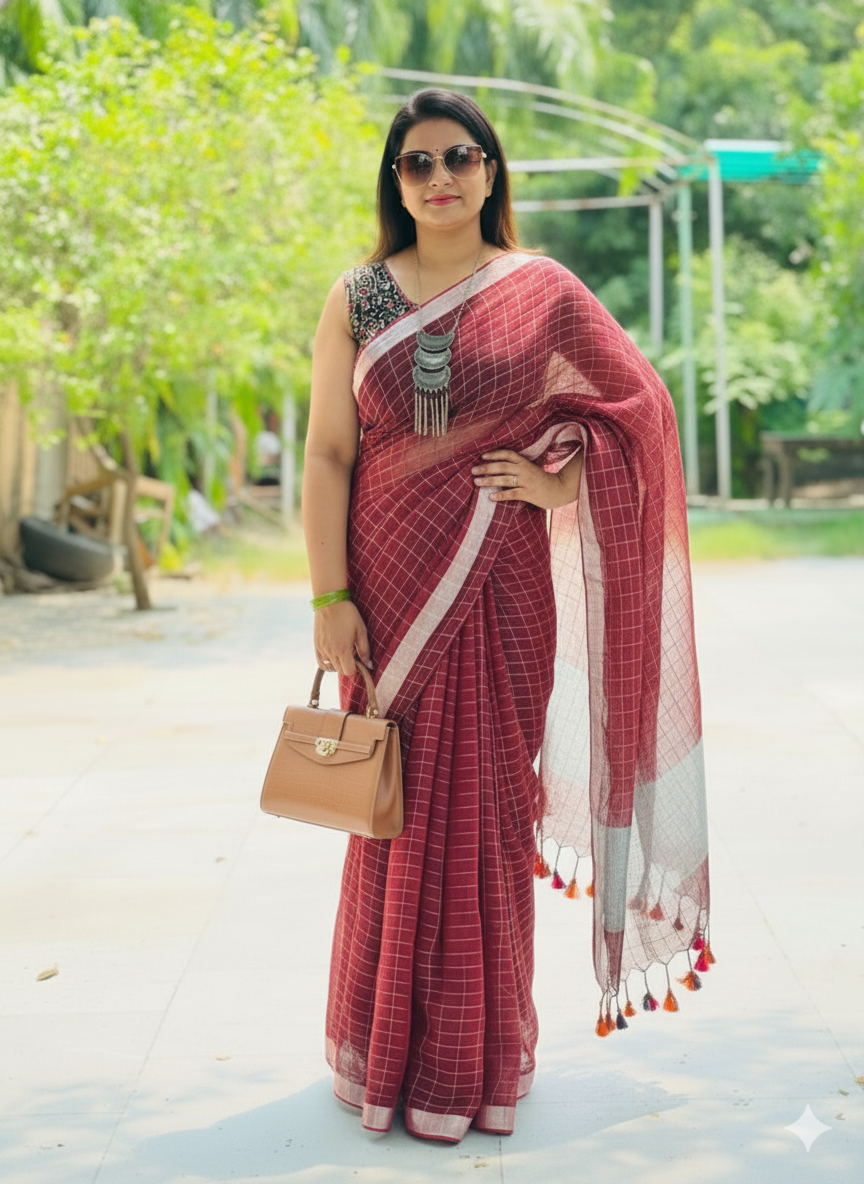 Pure Linen Check Saree (Maroon)