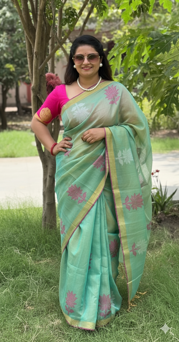 Pure Tissue linen Saree (Olive-Green)