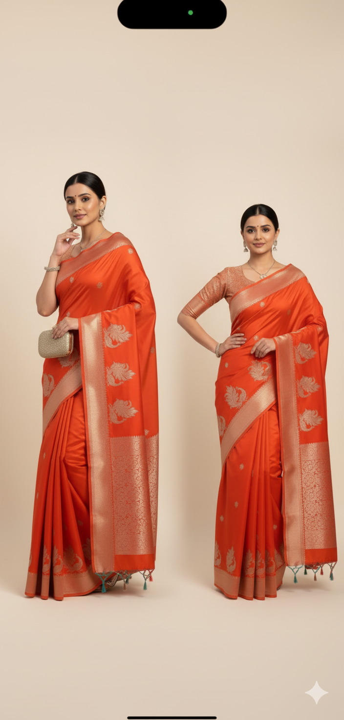 Satin Silk Saree (Orange)