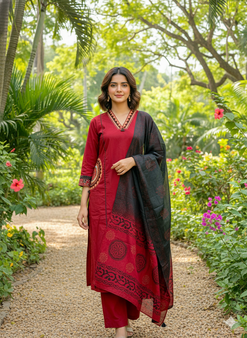 Maroon Kurta Pant Set With Dupatta