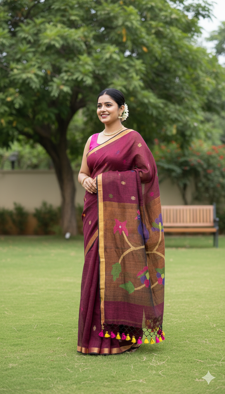 Pure Jayshree Linen Saree (Maroon)