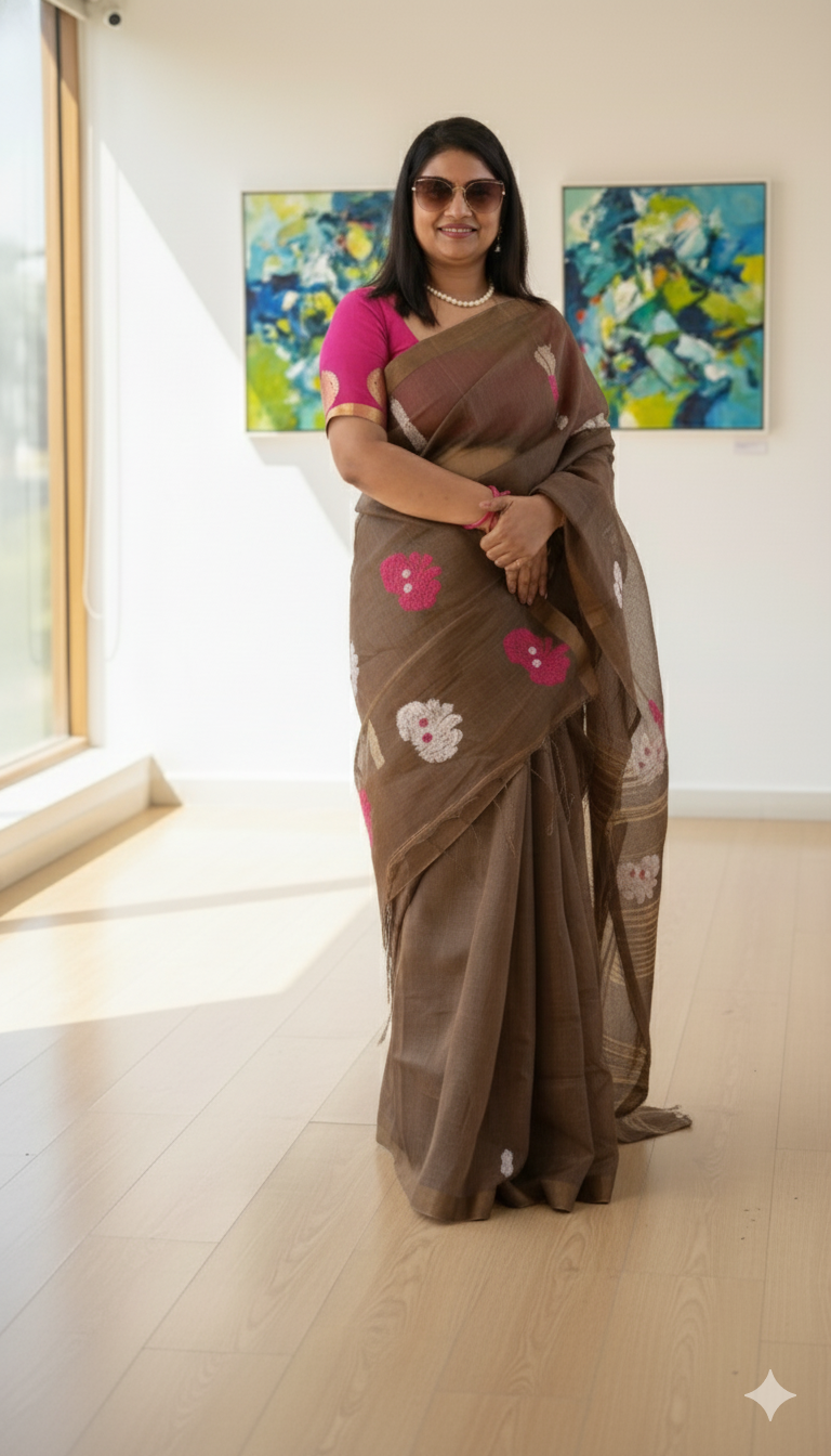 Tissue Linen Saree (Coffee Brown)