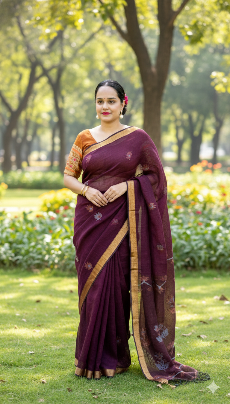 Pure Linen Handloom Saree (Maroon)