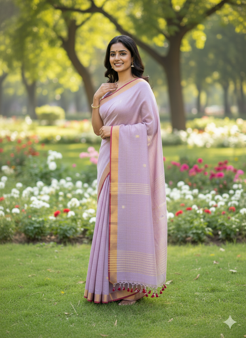Pure Linen Check Saree (Lavender)