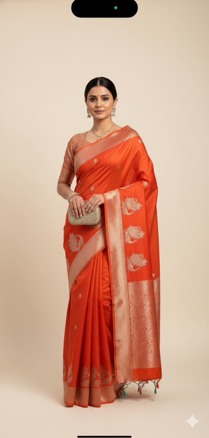 Satin Silk Saree (Orange)