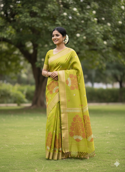 Tissue Linen Saree (Parrot Green)