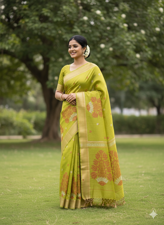 Tissue Linen Saree (Parrot Green)