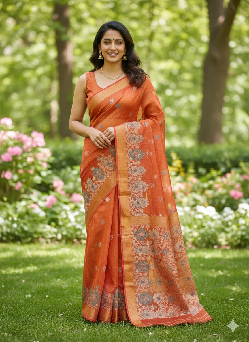 Tissue Linen Saree (Golden & Rust)