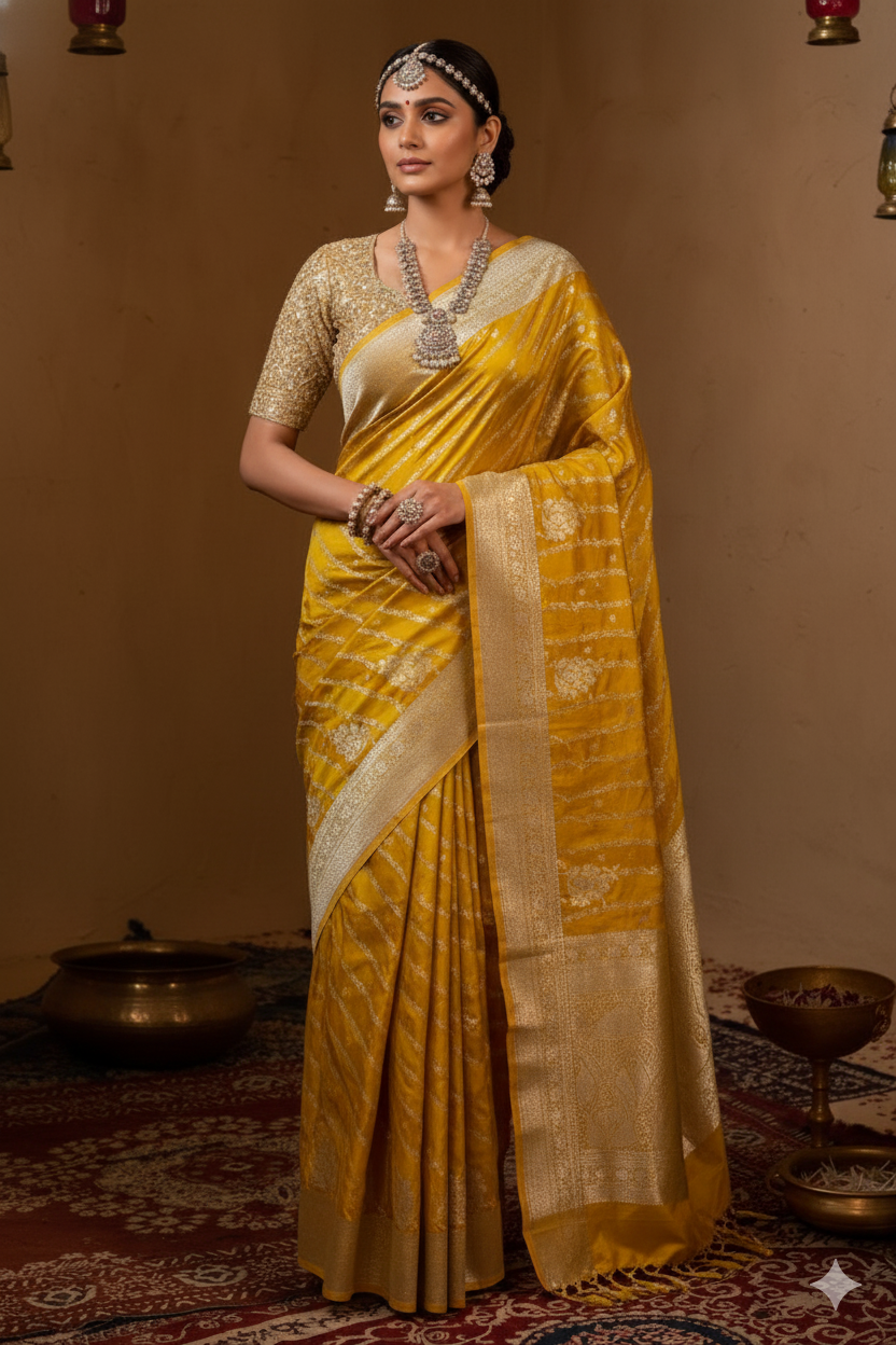 Pure Banarasi Mashru Silk Saree (Yellow)