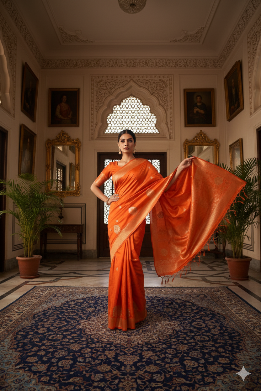 Orange  Satin Silk Saree 2