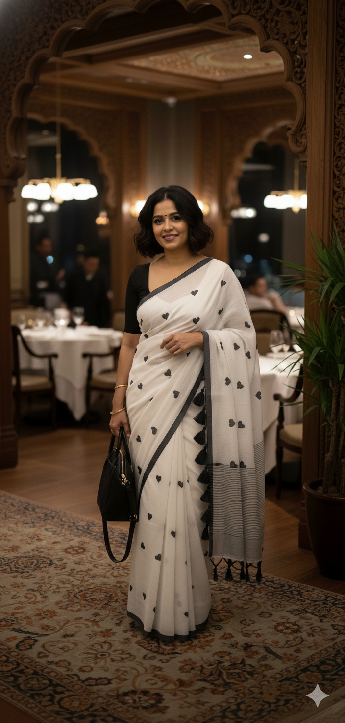 Pure 120 Count Mul Cotton Saree (White & Black)