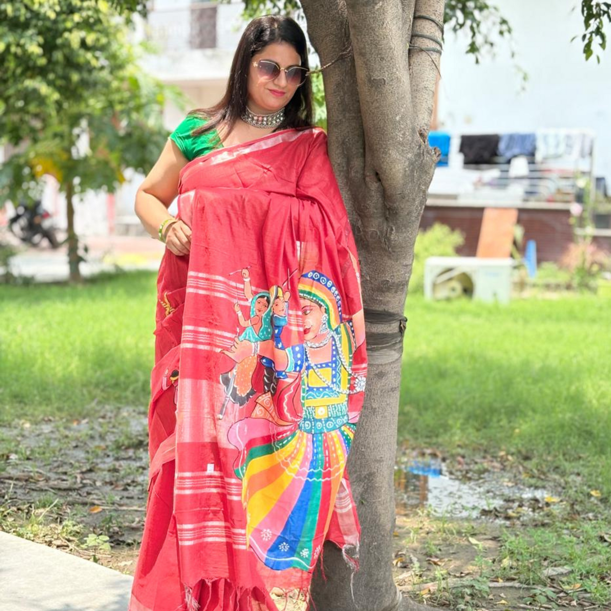 Hand-Painting Saree (Red)  Only Made to Order