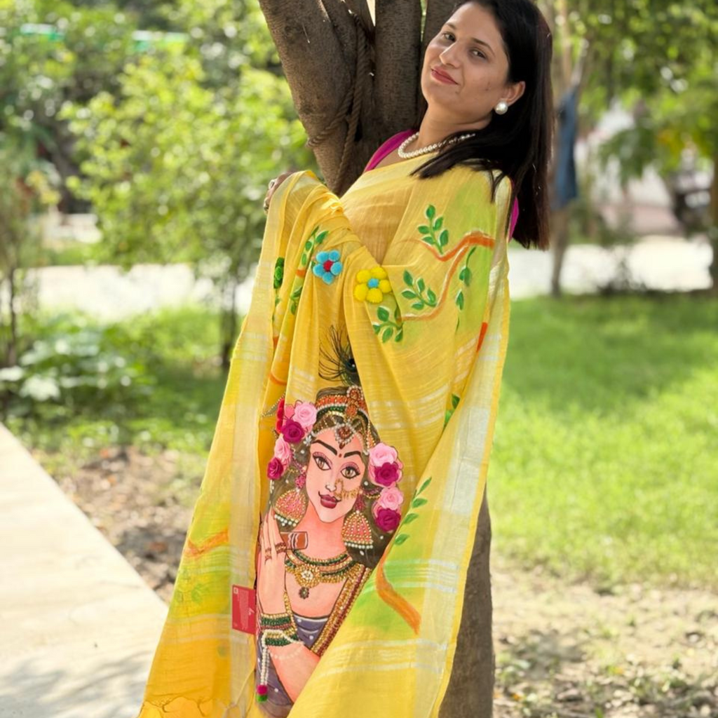 Hand Painting Saree (Yellow) Made to Order