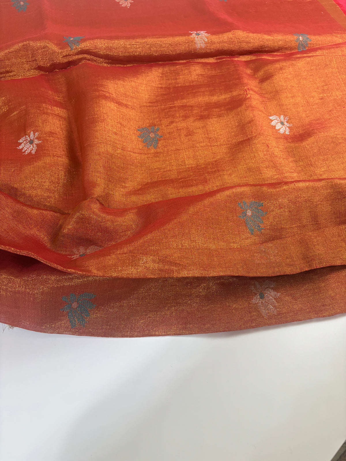 Tissue Linen Saree (Golden & Rust)
