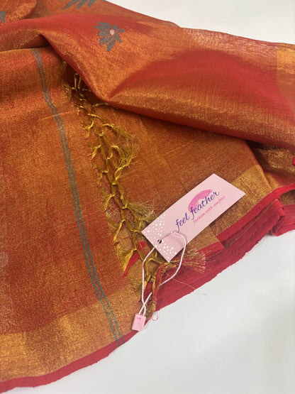 Tissue Linen Saree (Golden & Rust)