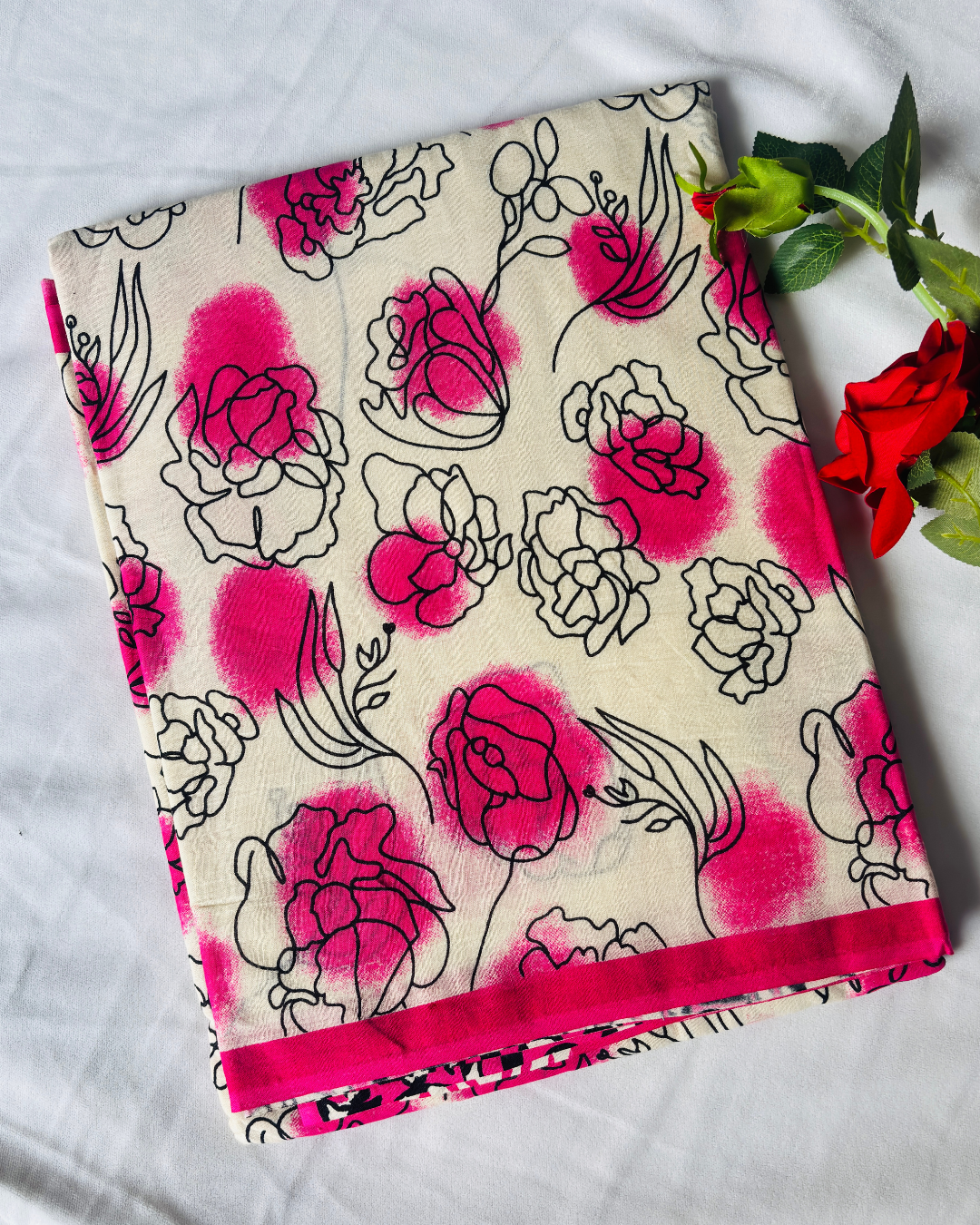 Ivory Beige Pure Linen Cotton Saree with Rani Pink Floral Handprint & Contrast Pallu