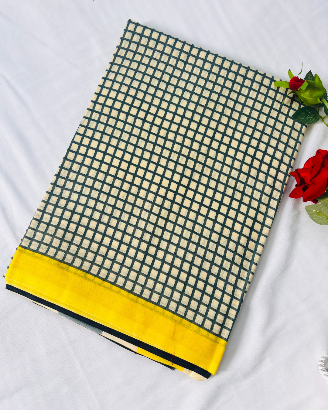 Ivory & Teal Linen Cotton Saree with Mustard Yellow Border