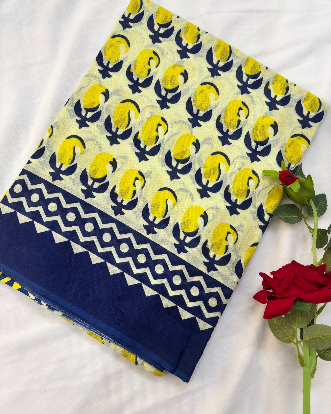 Ivory White & Mustard Yellow Pure Linen Cotton Saree with Navy Blue Border