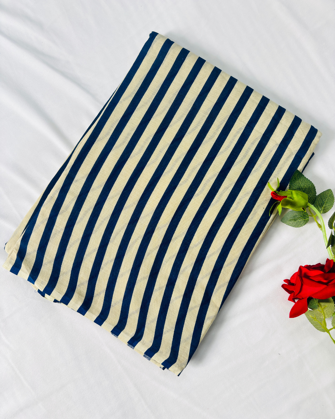 Ivory White Pure Linen Cotton Saree with Indigo Blue Stripes & Handprinted Pallu