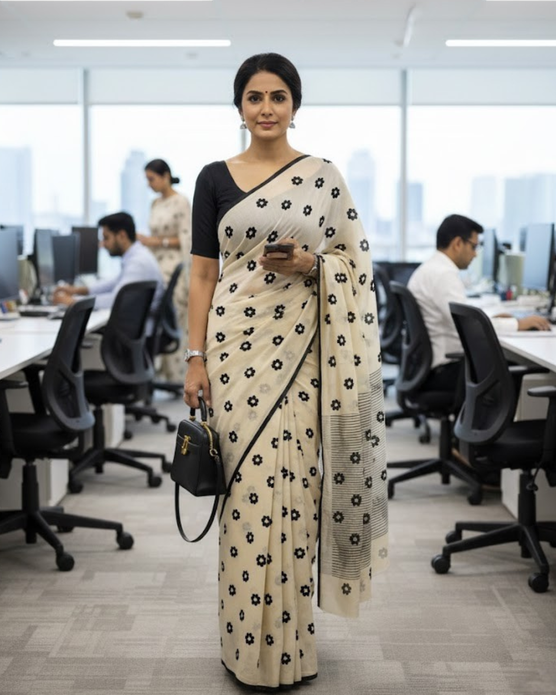 Ivory White Pure Linen Cotton Saree with Navy Blue Handprinted Motifs