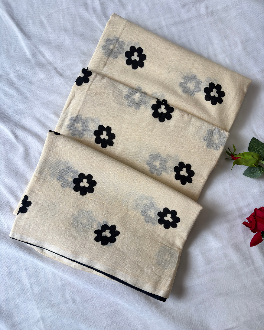 Ivory White Pure Linen Cotton Saree with Navy Blue Handprinted Motifs