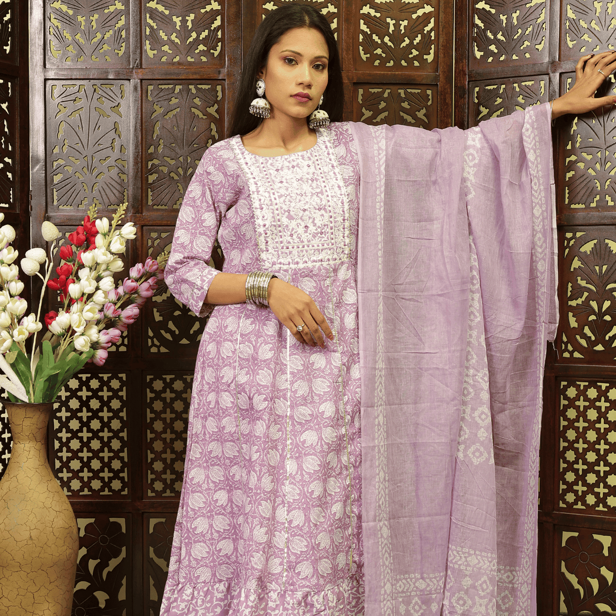 Jaipuri Cotton Anarkali Kurta Pant Set