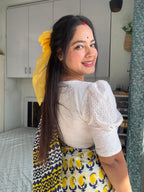 Ivory White & Mustard Yellow Pure Linen Cotton Saree with Navy Blue Border