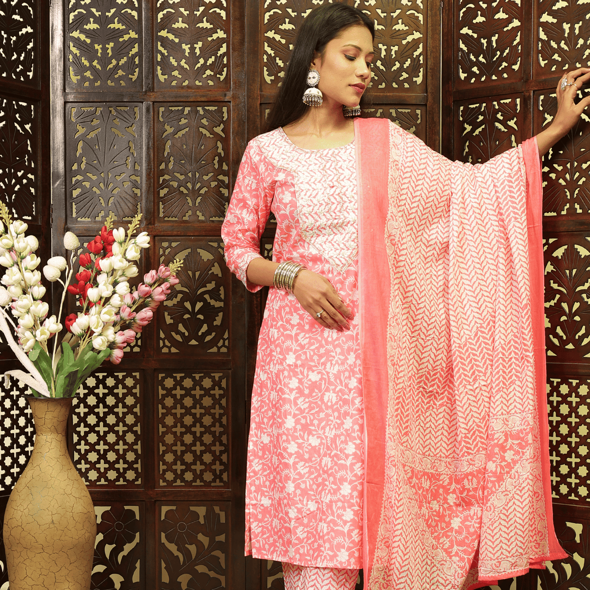 Jaipuri Pure Cotton Kurta Pant Set with Dupatta